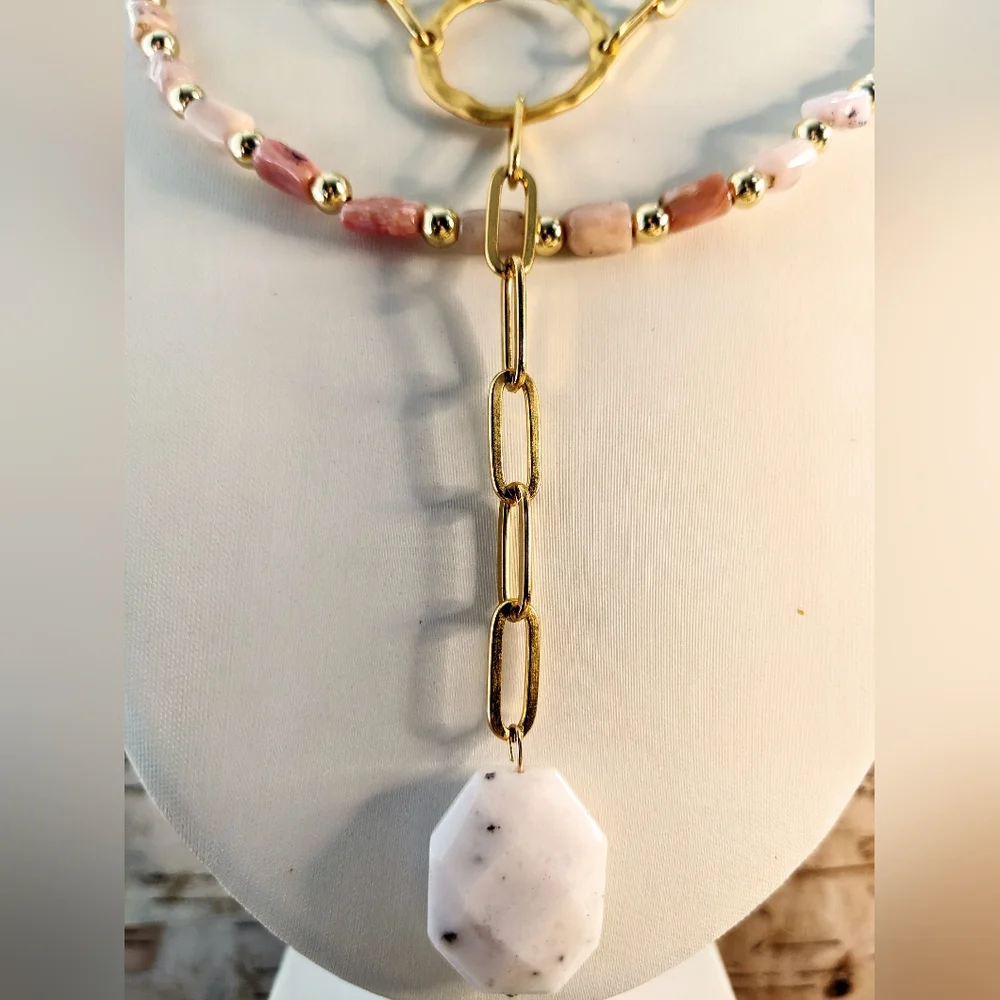Natural Peruvian Pink Opal Beads & Pendant In Two Strand Paperclip Necklace